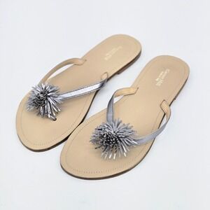 Garnet Hill Metallic Silver Leather Pom Pom Flip Flop Sandals Made in Italy 10